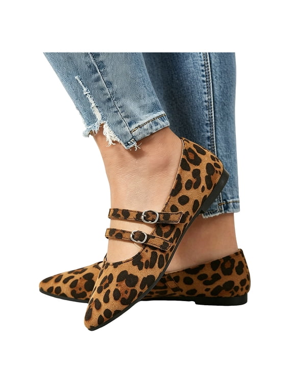 Mary Jane Shoes Women Suede Leopard Print Double Buckle Strap Pointed Toe Dressy Ballet Flat Shoes for Walking Office Brown Size 8.5