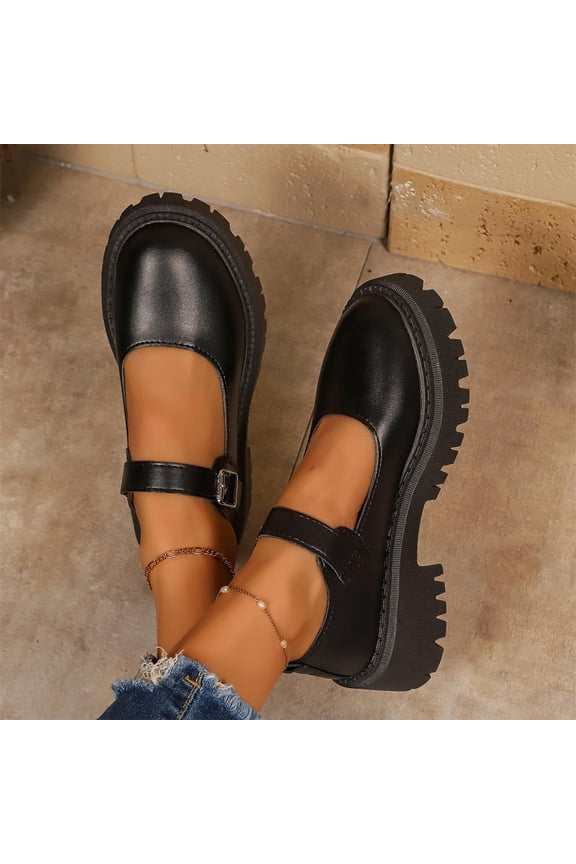 Mary Jane Shoes Women, Wide Width Platform Heels, Retro Round Toe Buckle Strap Casual Dress Shoes, Black