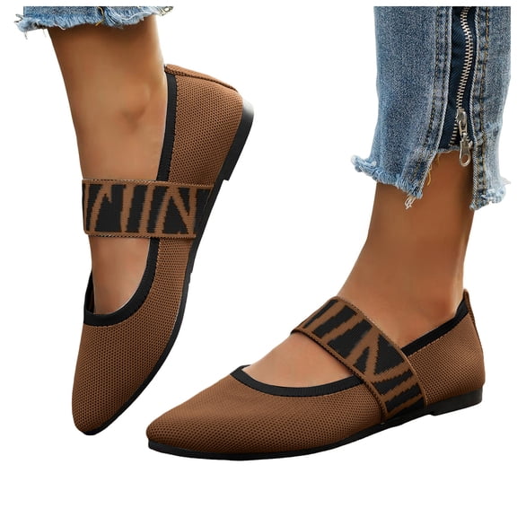 Mary Jane Shoes for Women Pointed Toe Knit Mesh Flat Shoes Lightweight Comfy Arch Support Orthopedic Walking Shoes Brown Size 6