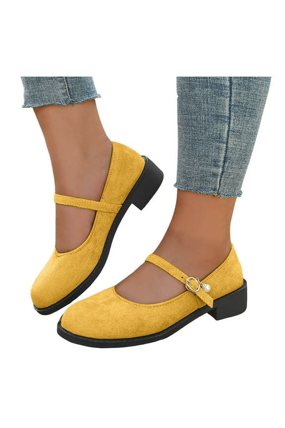 Mary Janes Dress Shoes for Women 2025 Suede Pearl Chunky Mid Heels Ballet Flats Uniform Dressy Loafers Fall
