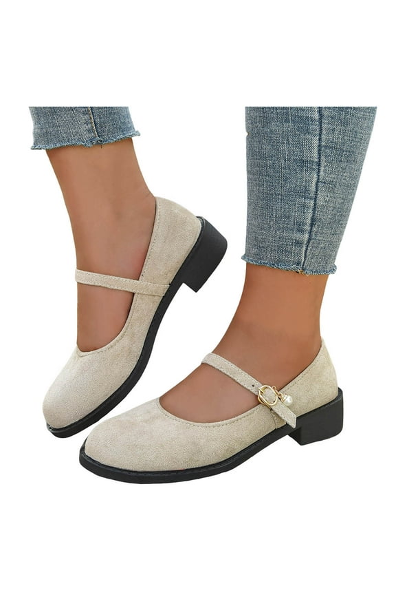 Mary Janes Dress Shoes for Women 2025 Suede Pearl Chunky Mid Heels Ballet Flats Uniform Dressy Loafers Fall