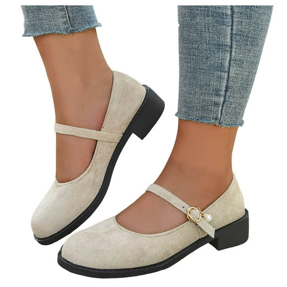 Mary Janes Dress Shoes for Women 2025 Suede Pearl Chunky Mid Heels Ballet Flats Uniform Dressy Loafers Fall