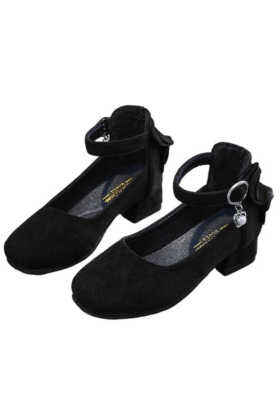 Mary Janes Shoes for Girls Elegant Suede Chunky Heel Flats with Bowknot Ankle Strap Casual Children Shoes Daily Gown (34,Black)