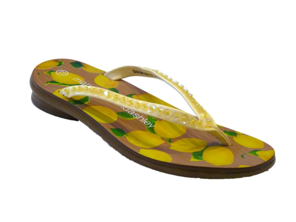 Mary Kate & Ashley Girls Lemon Flip Flops Yellow Wood Look Thongs Sandals 2