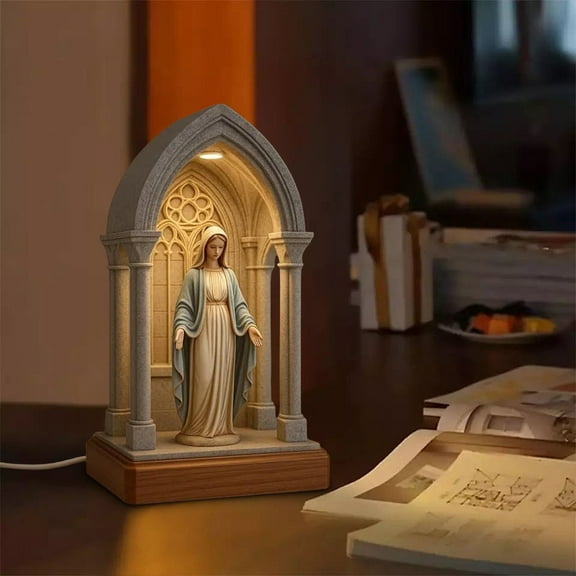 Mary LED Devotional Table Lamp with Sacred Virgin Mary Statue, Warm Ambient Night Light for Bedroom Prayer Corner, Handmade Catholic Home Decor Gift