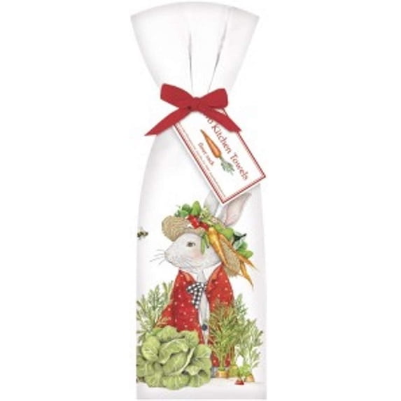 Mary Lake Thompson T187-R 2 Rabbit with Veggie Hat Ribbon Tied Flour Sack Towels