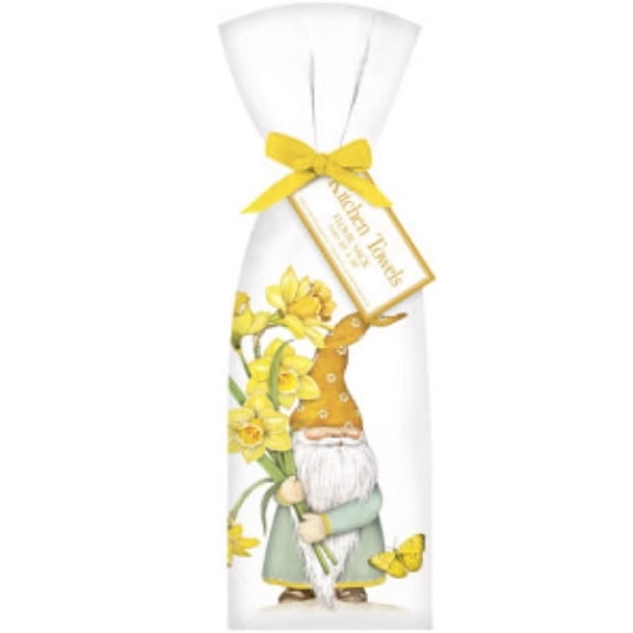 Mary Lake Thompson T653 2 Daffodil Gnome Ribbon Tied Flour Sack Towels 30 Inches Square, Screen Print Design in Lower Center Only
