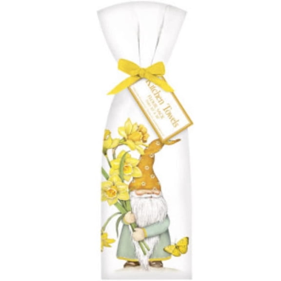 Mary Lake Thompson T653 2 Daffodil Gnome Ribbon Tied Flour Sack Towels 30 Inches Square, Screen Print Design in Lower Center Only