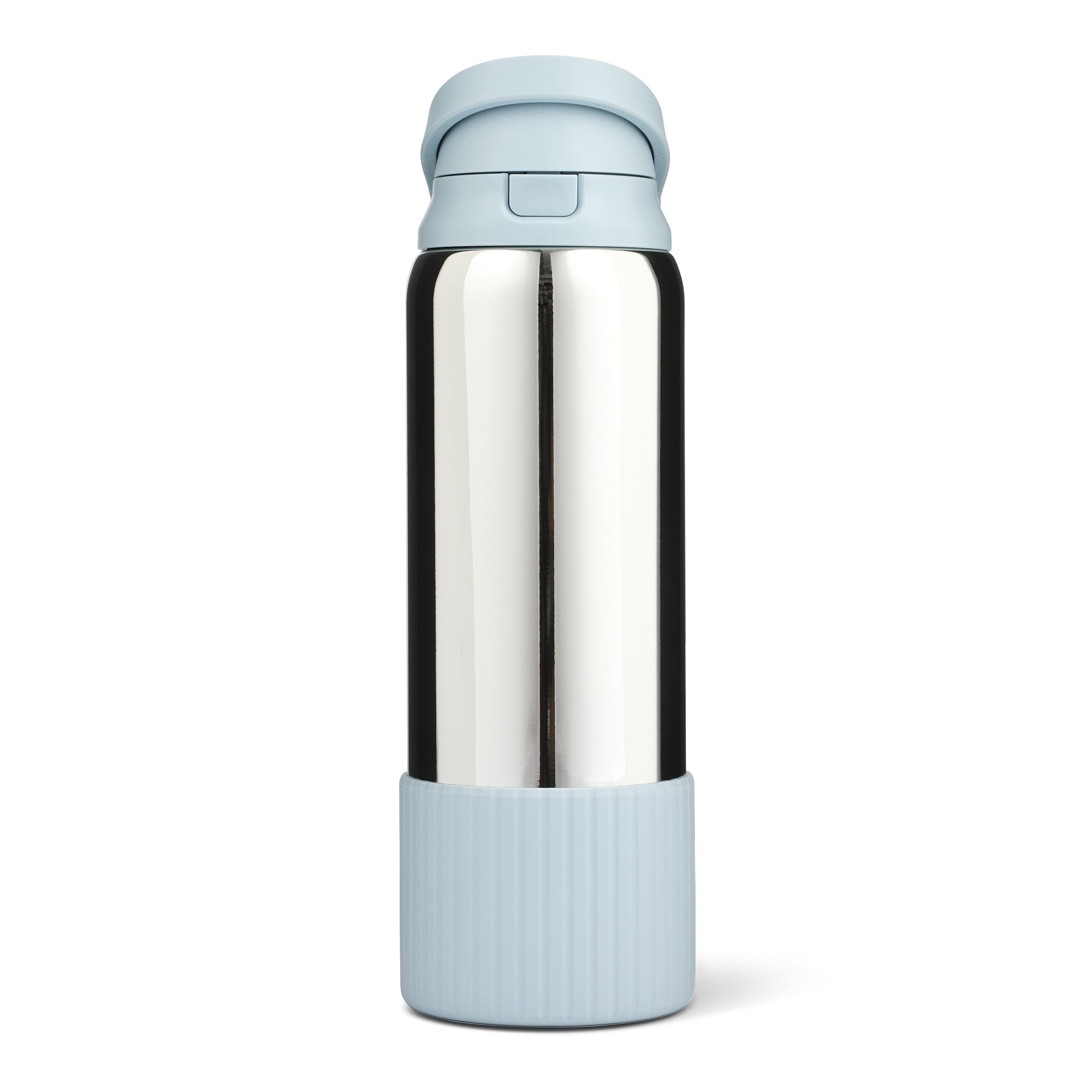 Mary Lawless Lee x TAL 32oz Stainless Steel 2-in-1 Straw and Chug Water Bottle with Push Lid, Chrome with Blue Ribbed Boot