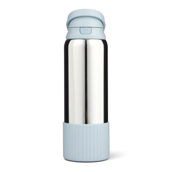 Mary Lawless Lee x TAL 32oz Stainless Steel 2-in-1 Straw and Chug Water Bottle with Push Lid, Chrome with Blue Ribbed Boot
