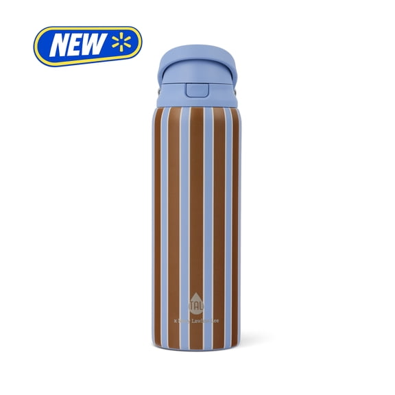 Mary Lawless Lee x TAL 32oz Stainless Steel 2-in-1 Straw and Chug Water Bottle with Push Lid and Strap, Olive Stripe