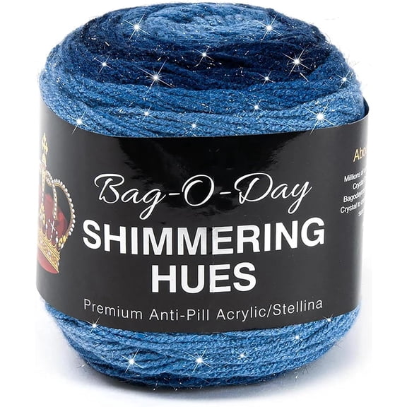 Mary Maxim Bag-O-Day Shimmering Hues Blue Ombre Yarn, Sparkle Yarn Cake, Melancholy Blue