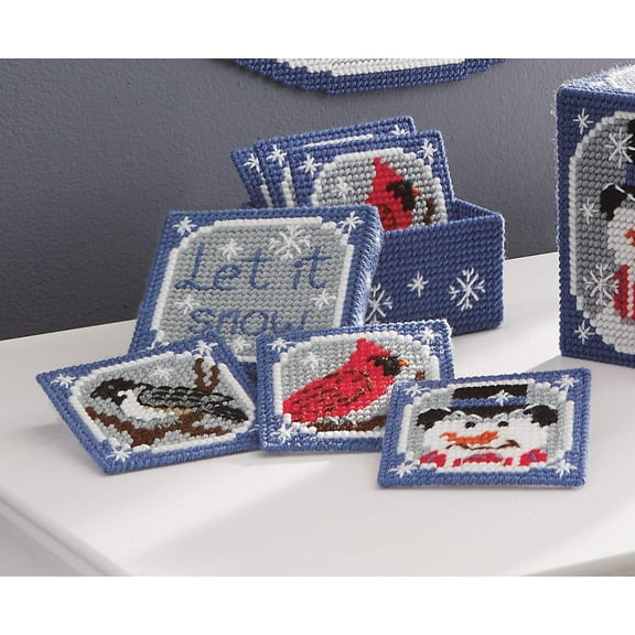 Mary Maxim Let It Snow Coasters and Holder Plastic Canvas Kit - Set of 6