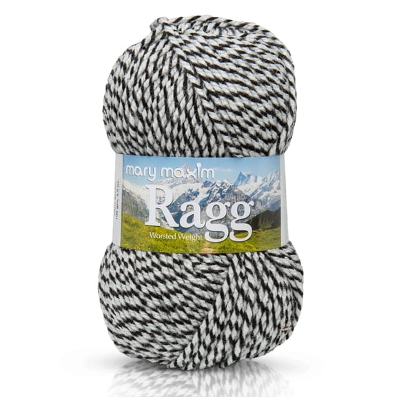Mary Maxim Starlette Ragg Yarn Black and White Striped Variegated Yarn 216 Yards, Black