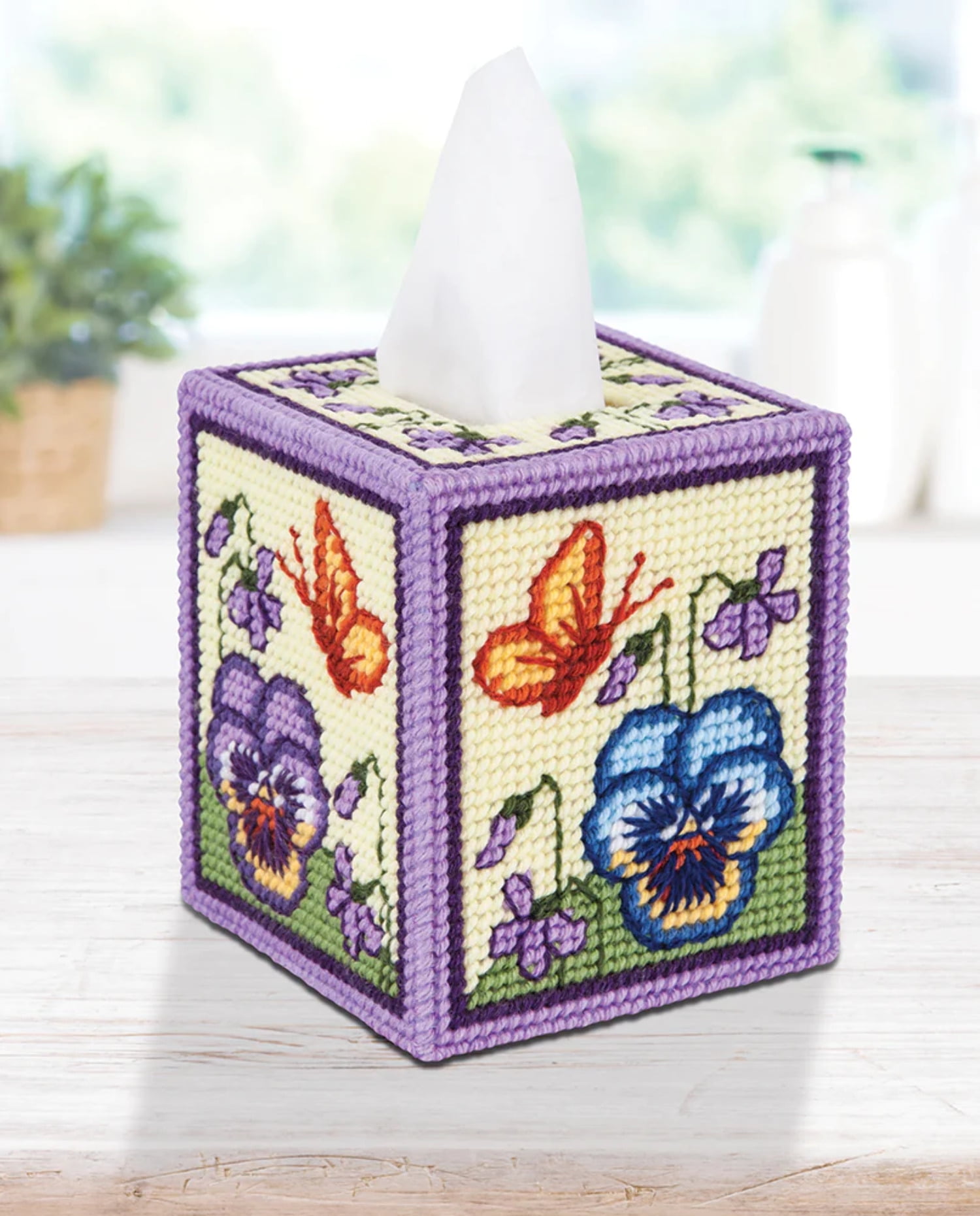 Mary Maxim Tea Time Pansy Tissue Box Cover Plastic Canvas Kit