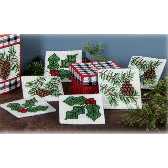 Mary Maxim Winter Welcome Coasters and Holder Plastic Canvas Kit - Set of 6 - 4.5" x 4.5"