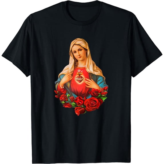 Mary Mother of God Heart of Virgin Black T-Shirt Short Sleeve Tee Gift Unisex
