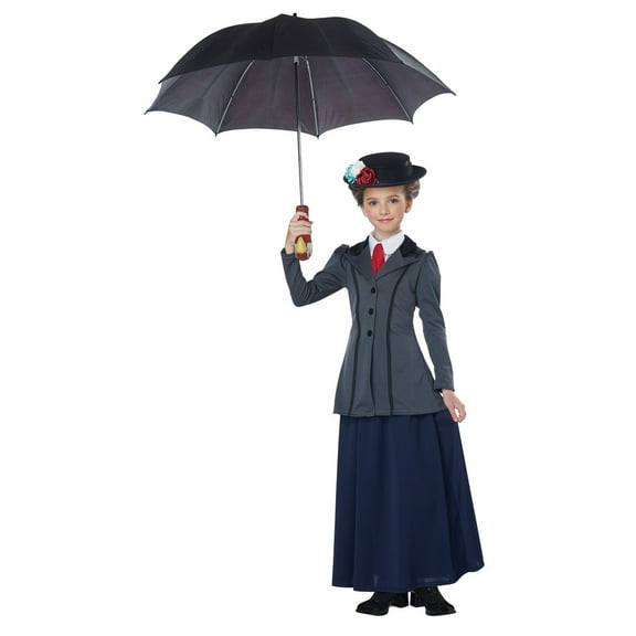 Mary Poppins English Nanny Girl's Costume for Girls with Bow Tie and Hat, Ages 4-6, Size Small