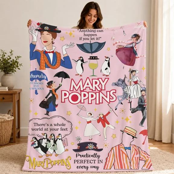 Mary Poppins-Inspired Flannel Throw Blanket, Vintage Characters, Umbrellas, Penguins, Ideal for Sofa, Bedroom, Travel, Gift, Cozy Throw Blanket