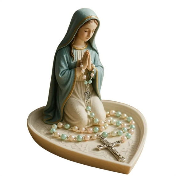Mary Rosary Holder, Religious Sculpture With Exquisite Craftsmanship, Heart-Shaped Jewelry Storage Box For Necklace Rings, Devotion Gift For Catholics