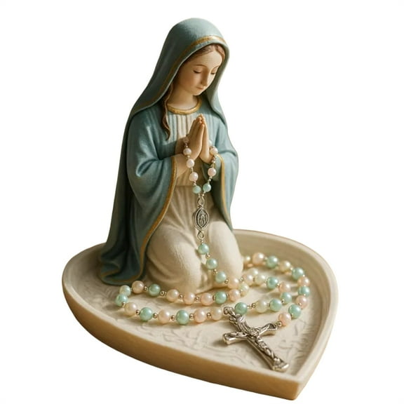 Mary Rosary Holder, Religious Sculpture With Exquisite Craftsmanship, Heart-Shaped Jewelry Storage Box For Necklace Rings, Devotion Gift For Catholics