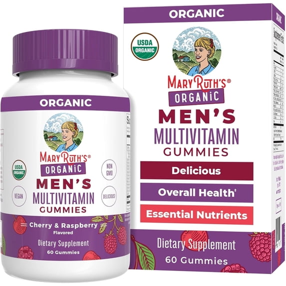 MaryRuth's Men's Multivitamin Gummies Overall Health Support Cherry Raspberry Flavor Vegan Ages 14+, 60 Count