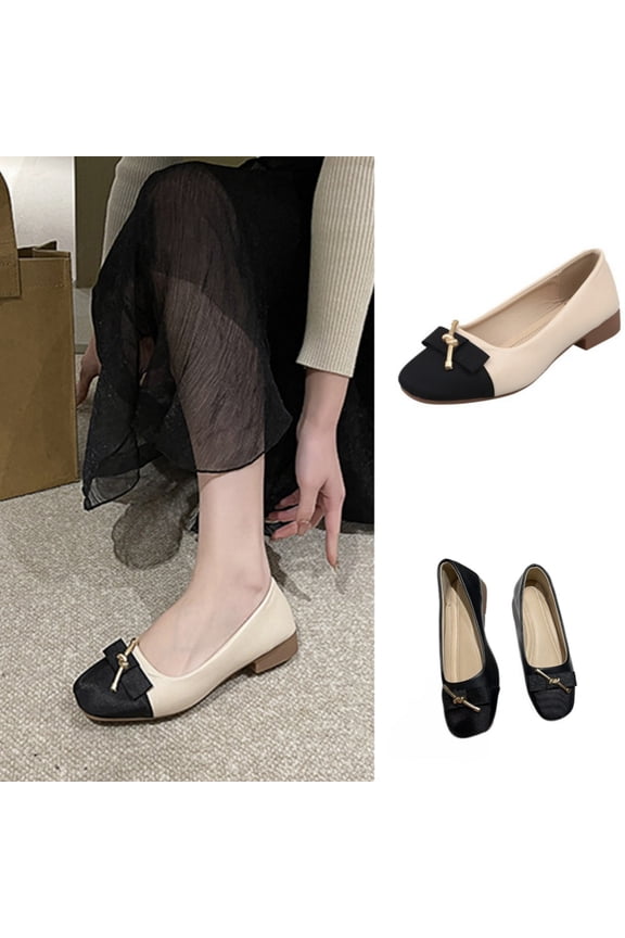 Leather Shoes Rough With Single Shoes Color Patchwork Bow Single Shoes Squares Head Low Heel Soft Bottom Work Women's Shoes