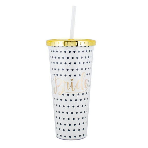 Mary Square Bride White Black Polka Dot 24 ounce Acrylic Straw Tumbler with Gold Tone Lid