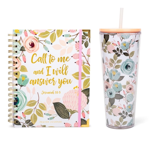 Mary Square Call To Me Peachy Pink Floral Foliage Prayer Note Journal, Travel Tumbler with Straw Gift Bundle Set