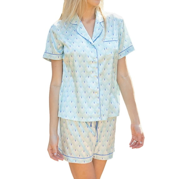 Mary Square Charlotte Puttin On Ritz Soft Blue Button Up Satin Women's Pajama Set, XX-Large