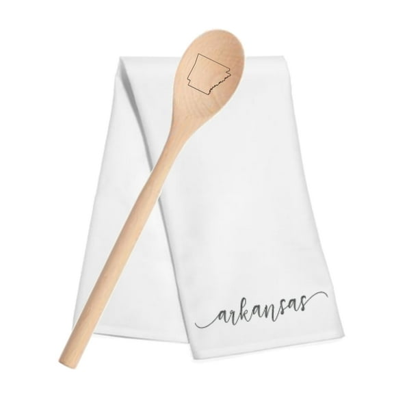 Mary Square Embroidered Arkansas Black 13 x 6.5 All Cotton and Mango Wood Tea Towel and Spoon Set