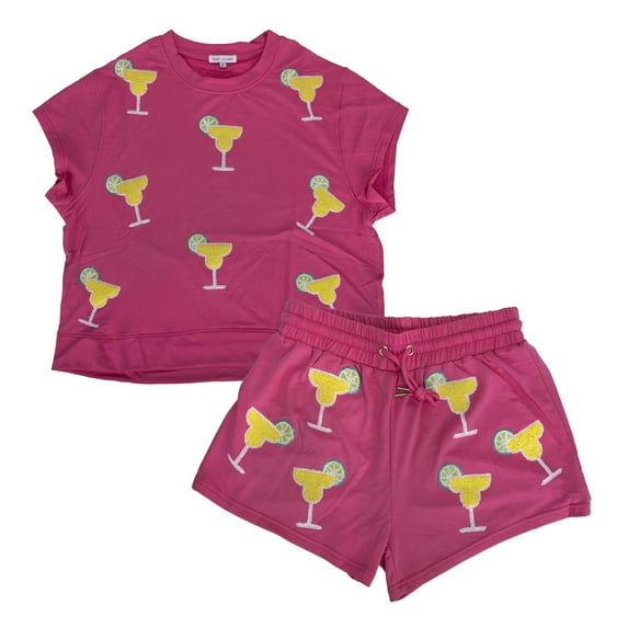 Mary Square Emily Margaritas Sequins Pink On-The-Go, Polyester Blend, Women's 2 Piece Leisure Loungewear Shorts Set, Small