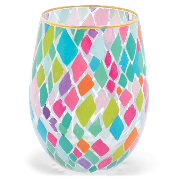 Mary Square Pink Teal Mosaic Santorini 8 ounce Glass Stemless Wine Tumbler