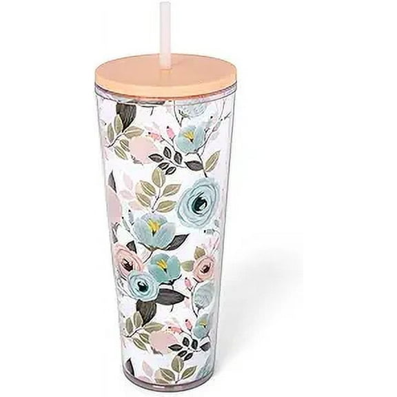 Mary Square SH00059 Peachy Pink Floral Foliage 24 ounce Acrylic Travel Tumbler with Straw For Iced Coffee or Water