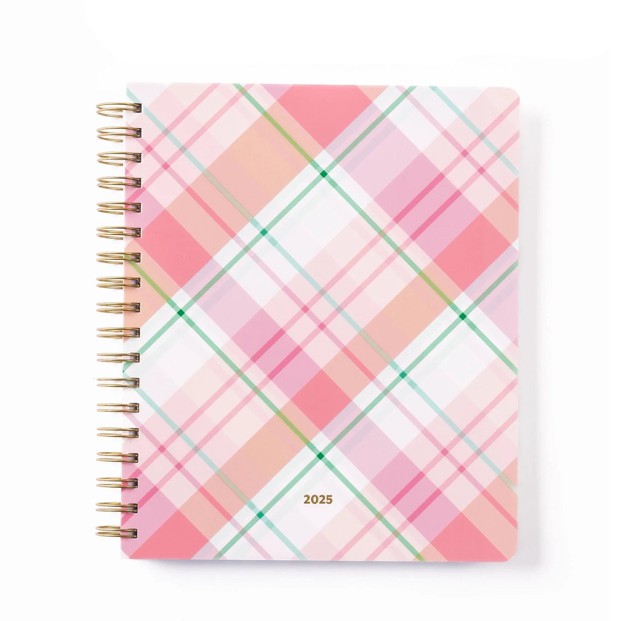 Mary Square So Darling Harper Plaid Pink Green and Blue Large 9.75 x 9 January - December 2025 Gold Tone Spiral Weekly and Monthly Planner
