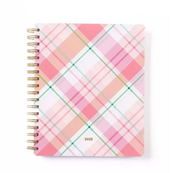 Mary Square So Darling Harper Plaid Pink Green and Blue Large 9.75 x 9 January - December 2025 Gold Tone Spiral Weekly and Monthly Planner