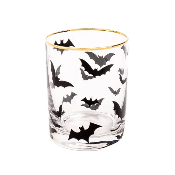 Mary Square Spooky Fall Halloween Theme 12 Ounce Tumbler Cocktail Rocks Highball Glass, Clear, Golden Rim, Flying Bats