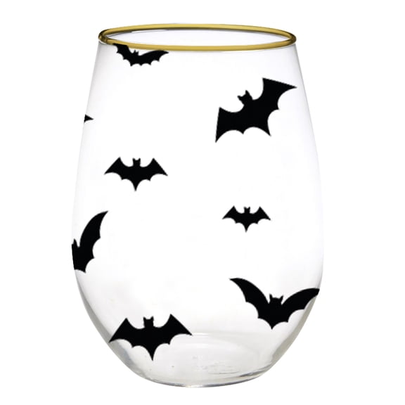 Mary Square Spooky Fall Halloween Theme 16 Ounce Stemless Wine Glass, Clear, Golden Rim, Flying Bats
