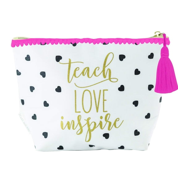 Mary Square White and Black Hearts Carryall Pouch Teach Love Inspire