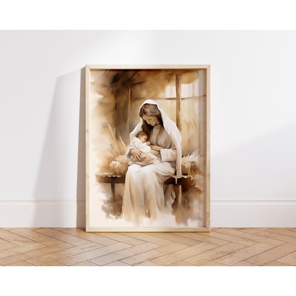 Mary and Baby Jesus Print: Watercolor Nativity Scene (File), Poster Only