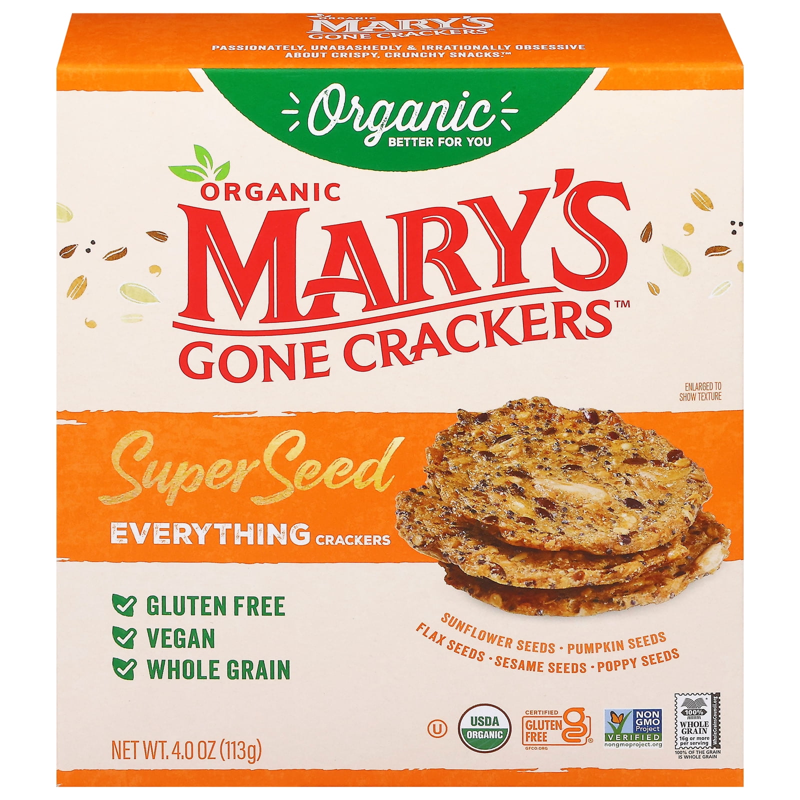 (6 pack) Mary’s Gone Crackers Super Seed Organic, Gluten Free Everything Crackers, 4 oz