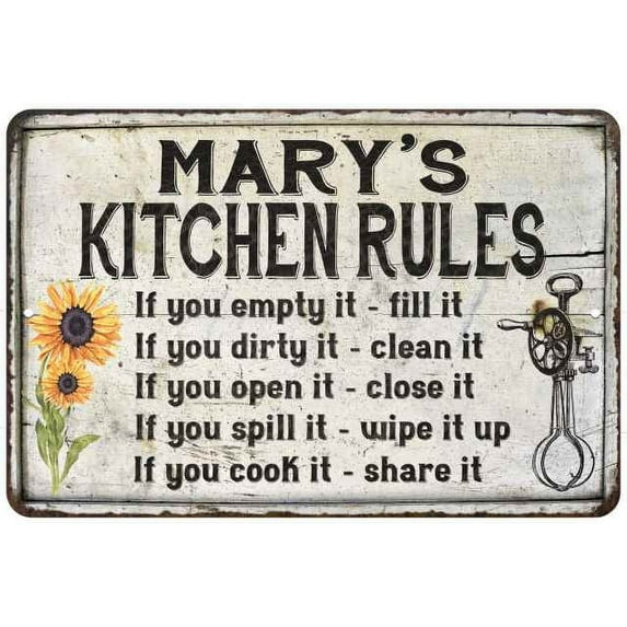 Mary's Kitchen Rules Chic Sign Vintage Décor 8 x 12 Matte Finish Metal 108120032004