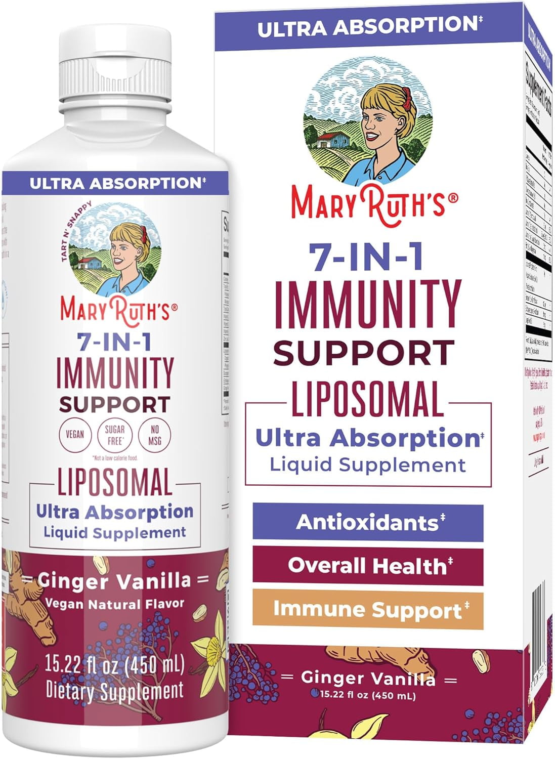MaryRuth's 7-in-1 Immunity Support Liposomal for Enhanced Absorption Vitamin C, D3, E, Zinc Elderberry, Echinacea, Ginger 15.22 fl oz