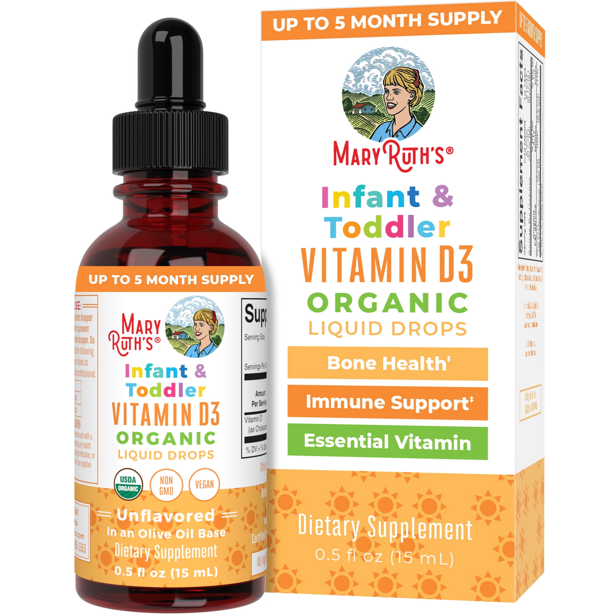 MaryRuth Organics | Organic Infant and Toddler Vitamin D3 Liquid Drops | Vegan, Gluten Free, Non-GMO | 90-150 Servings | Clean Label Project Verified