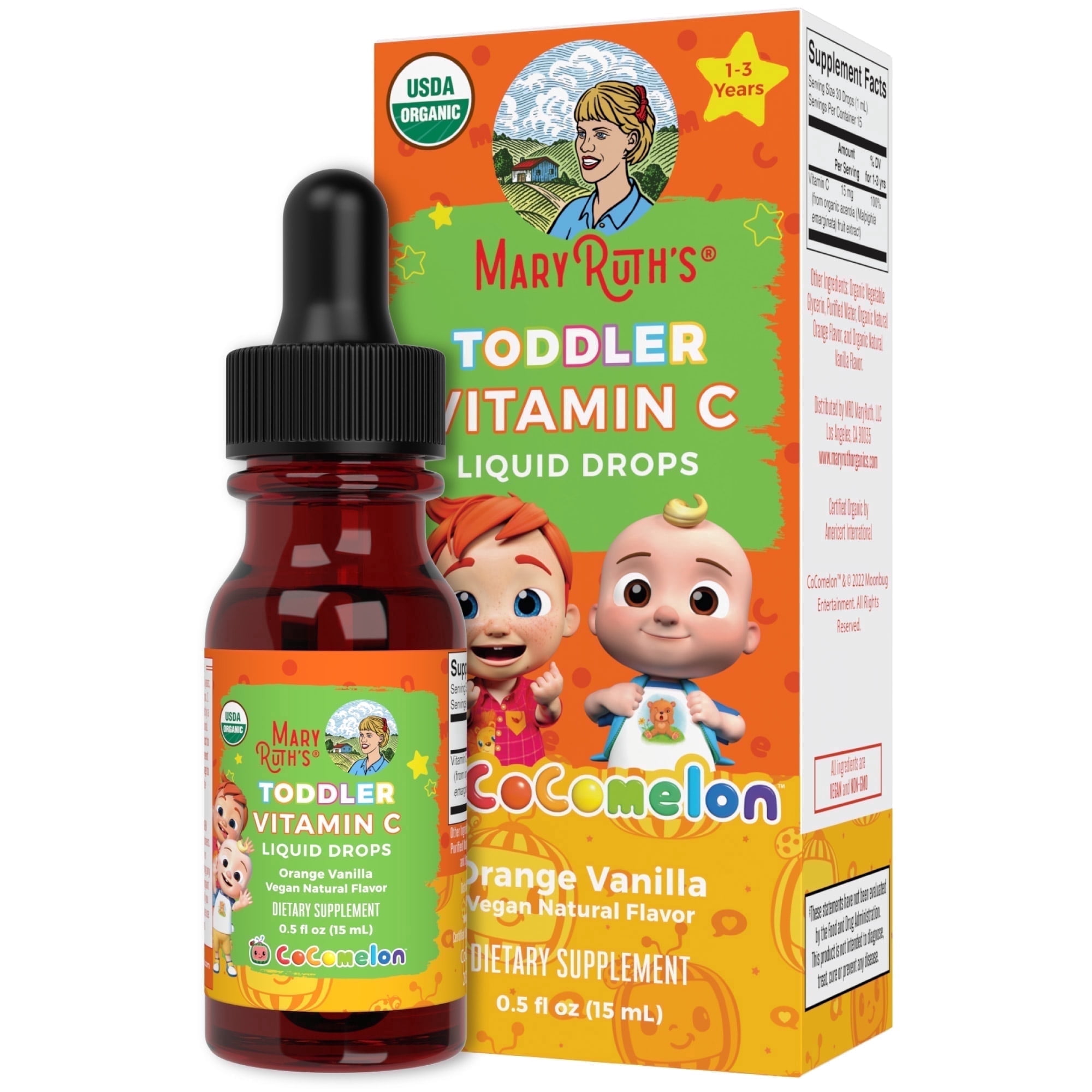 MaryRuth Cocomelon Toddler Vitamin C Liquid Drops Immune Support Orange Vanilla Flavor Ages 1-3, 0.5 fl oz 15 mL