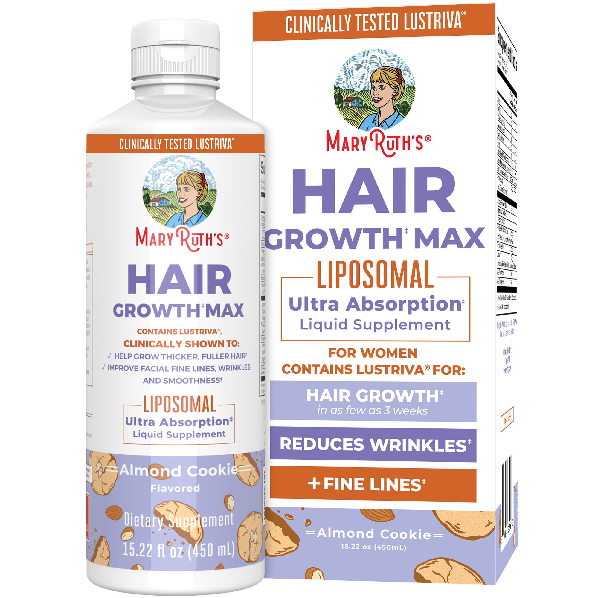 MaryRuths Hair Growth Max Liposomal Multivitamin Supplement Skin Health Almond Cookie Flavor Lustriva Adults 15.22 fl oz