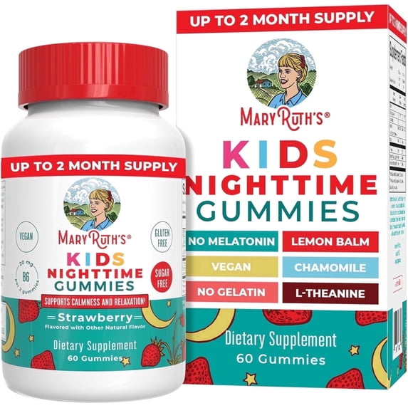 MaryRuth's Kids Nighttime Sleep Gummies Sugar-Free Strawberry Flavor with Vitamin B6 and L-Theanine Dietary Supplement 60 Count