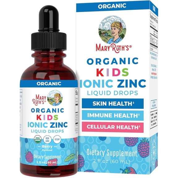 MaryRuth's Kids Zinc Liquid Drops Ages 4+, USDA Organic, Skin Health, Immune Support Mineral, Berry Flavor, Vegan, 1 Count, 2 fl oz