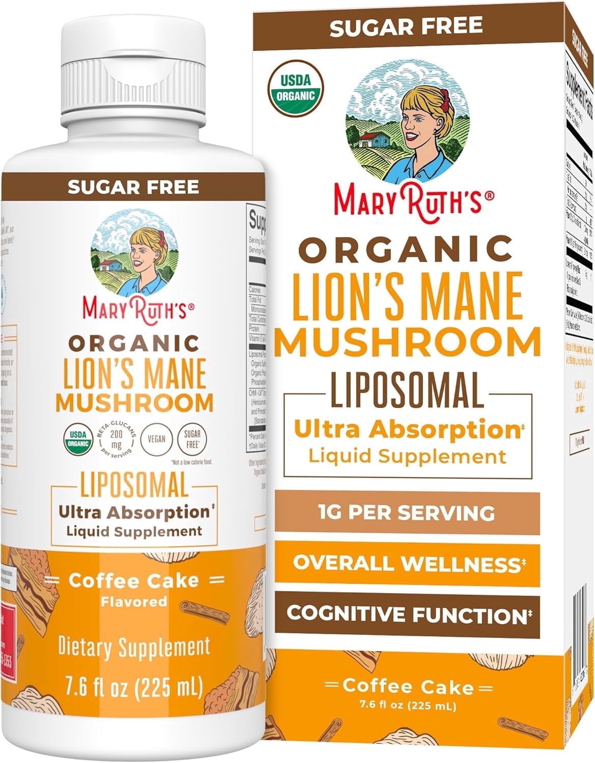 MaryRuth's Organic Lion's Mane Mushroom Liposomal Supplement, Overall Health, Organic, Vitamin E, Vegan, Dairy-Free, Coffee Cake Flavor, 7.6 fl oz