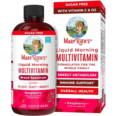 MaryRuth Liquid Morning Multivitamin, Raspberry, 15.22 fl oz, Vegan, Adults and Kids General Health and Wellness